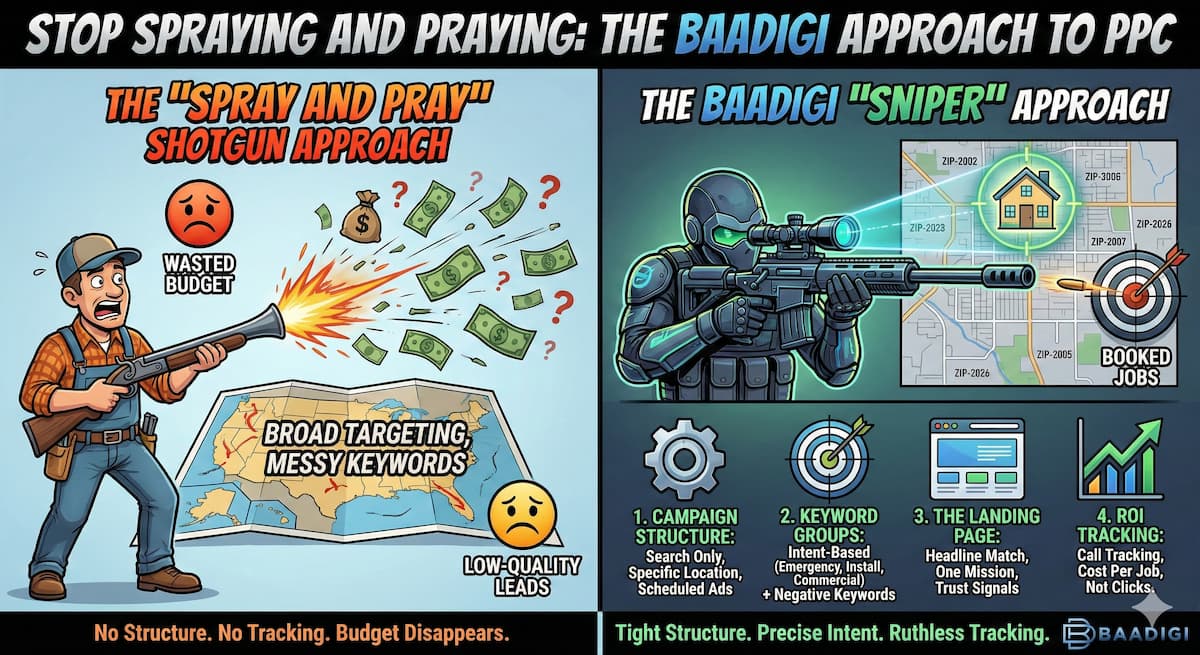 How to Set Up Google Ads Campaigns Targeted at Roofing Leads (The Sniper Method) — illustration