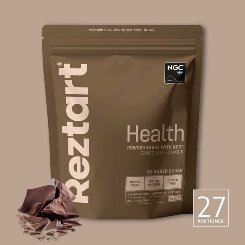 Reztart Chocolate Powder Shake – A rich chocolate-flavored protein and fiber shake designed as a balanced snack option for busy lifestyles.