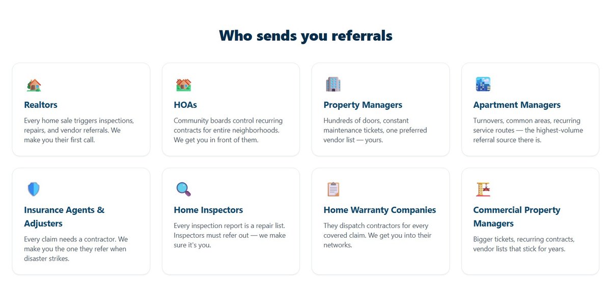 Get Referrers identifies potential referral sources within a contractor's service area, including realtors, property managers, HOAs, apartment communities, insurance professionals, home inspectors, home warranty companies and commercial property managers.