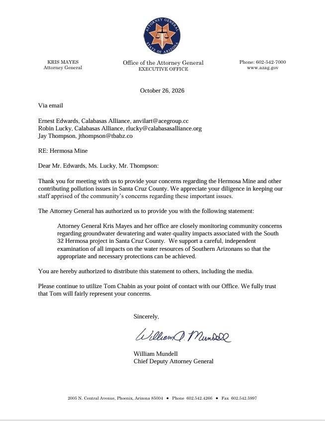 October 26, 2026 letter from the Arizona Attorney General’s Office supporting independent review of the South32 Hermosa Project.