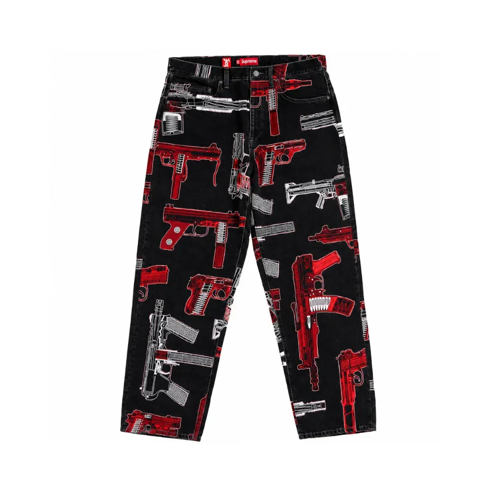 Calça Supreme Guns Embroidered Loose Fit Jean Washed Black SS26