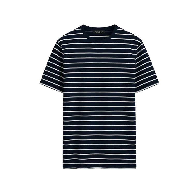 Camiseta Ermek Label Listrada Slim Fit Azul Marinho