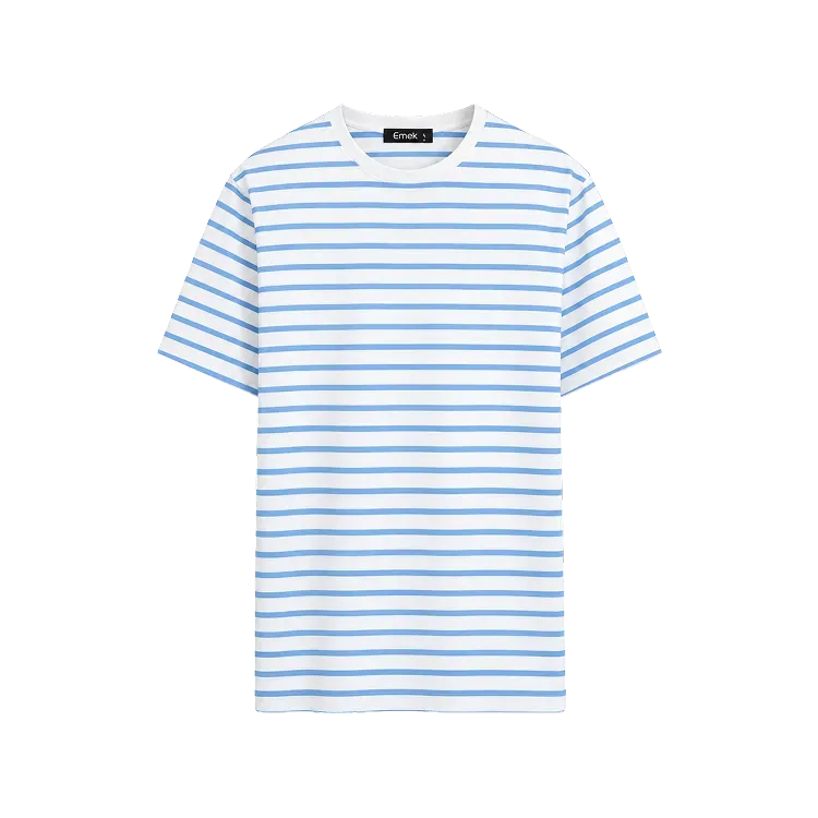 Camiseta Ermek Label Listrada Slim Fit Off White Azul Bebê