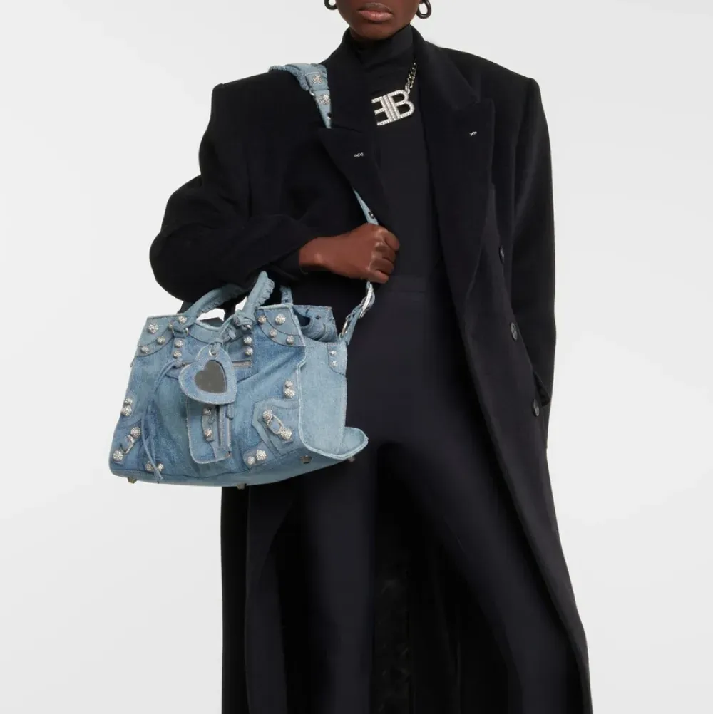 Bolsa Balenciaga Neo Cagole City Washed Frayed Denim Crystal Blue foto 3