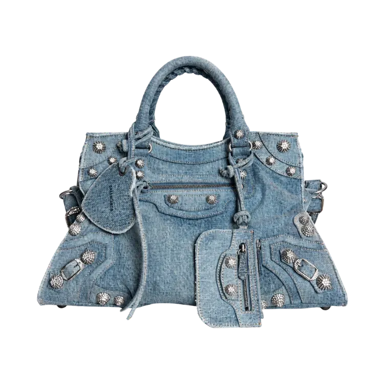 Bolsa Balenciaga Neo Cagole City Washed Frayed Denim Crystal Blue
