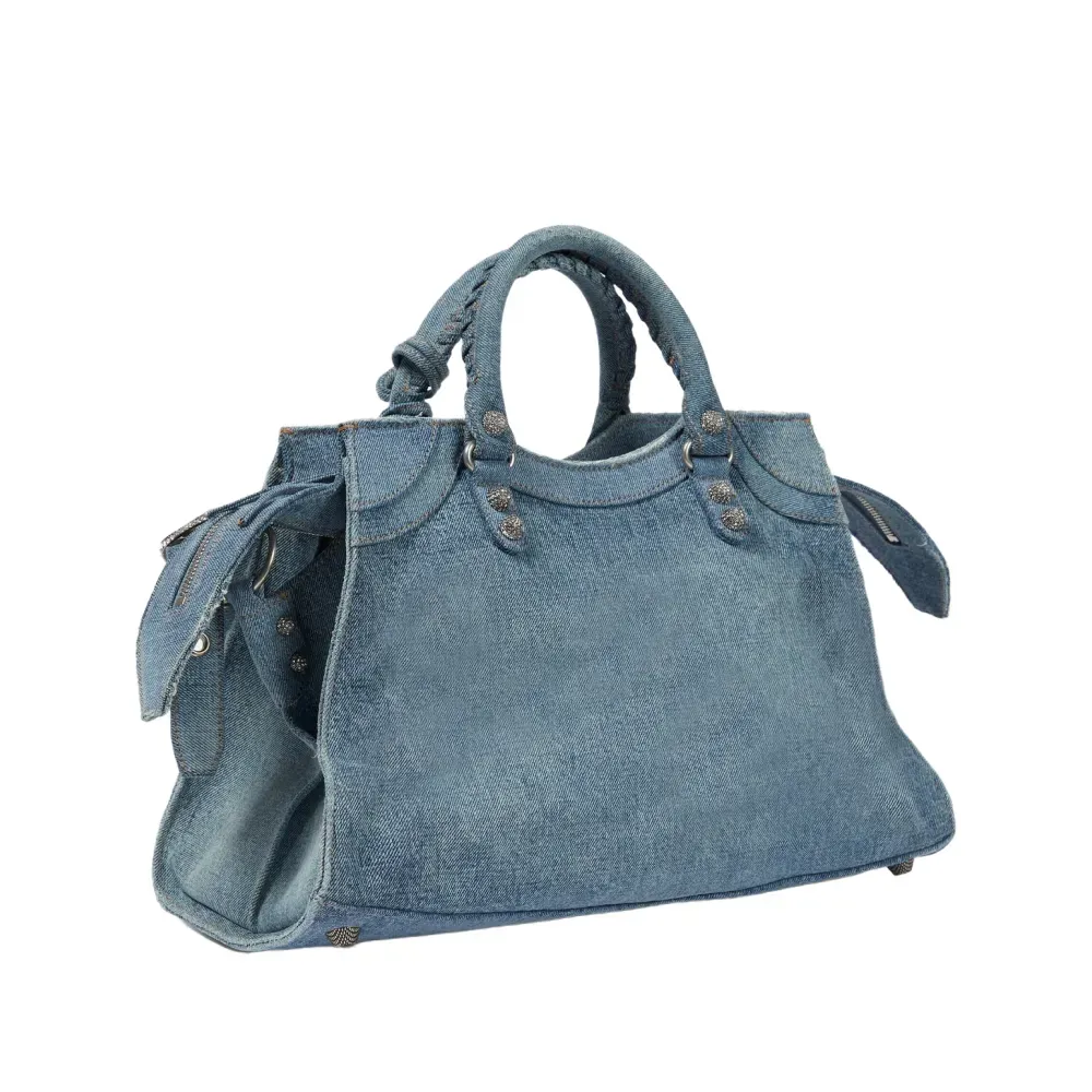 Bolsa Balenciaga Neo Cagole City Washed Frayed Denim Crystal Blue foto 1