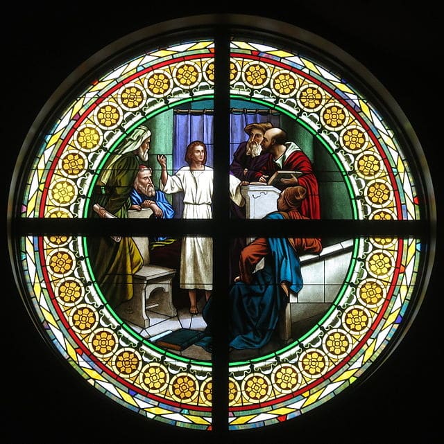 Saint Paul the Apostle Church (Westerville, Ohio) stained glass, Jesus Christ among the doctors