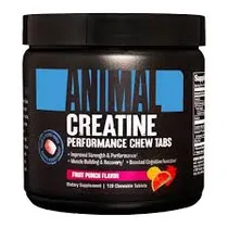 Universal Creatine Animal Performance Chew Tabs Fruit Punch Flavor 120 Tablets Plastico Negro