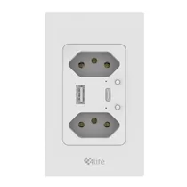 Tomada de Parede 4LIFE Wi-Fi Smart Wall Dual Socket + USB FLS2BRW / 2400W Gang / 2X Socket + 1X USB-A + 1X USB-C / Bluetooth / Compativel com Alexa e Google Home / 100-240V ~50/ 60HZ / App Smart Life - Branco