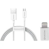 Cabo Baseus USB-A / Micro-USB (CAMYS-02) 1 Metro / 2A + Adaptador Micro-USB / Lightning Mox (MO-PL01) - Branco