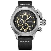 Relógio Analógico Megir Racing ML2029GBK-1 Masculino, Couro - Preto e Prata