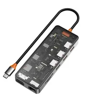 Hub Adaptador Wiwu CB011 Cyber, Tipo C 11 Em 1, USB-C para USB-C, HDMI 4K60HZ, USB 3.0, USB 2.0, VGA, RJ45, Audio, SD/TF - Transparente|