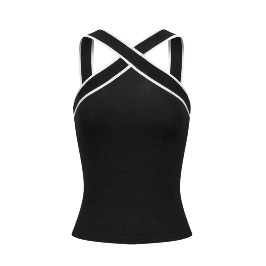 Commense Black Contrast Trim Halter Tank Top