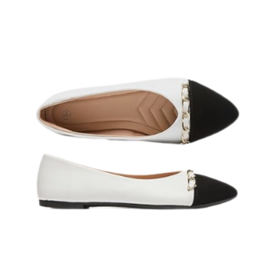 BABUDOG White & Black Cap Toe Flats
