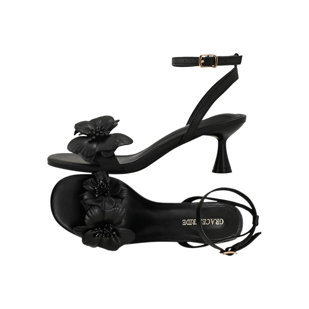 GRACESTRIDE Strappy Black Flower Heels