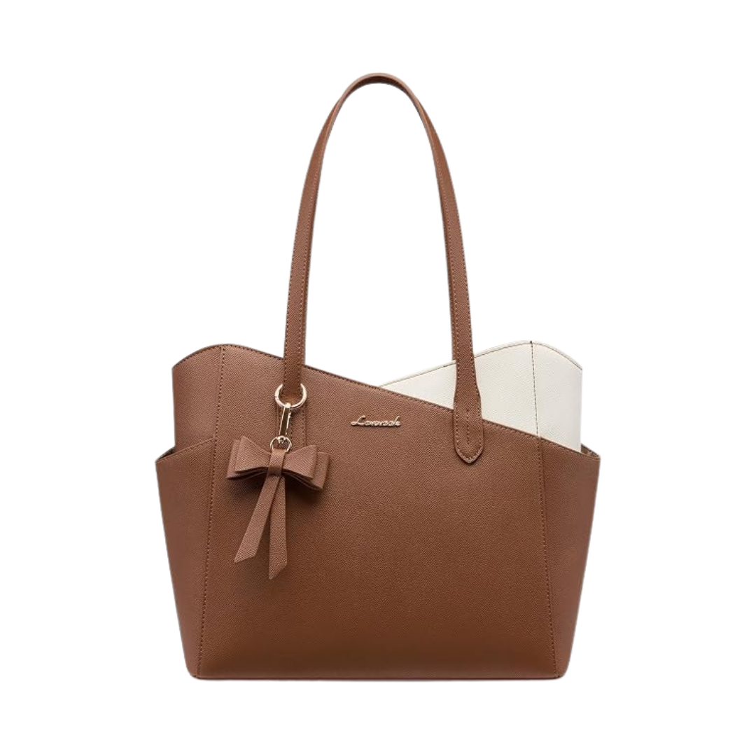 LOVEVOOK Brown & White Faux Leather Color Block Tote