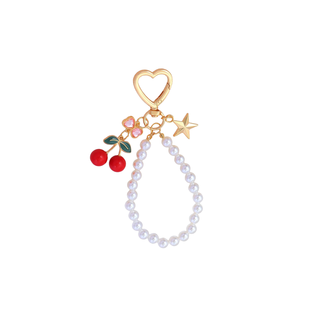 JOHONE68 Cherry & Pearl Gold Bag Charm Key Chain
