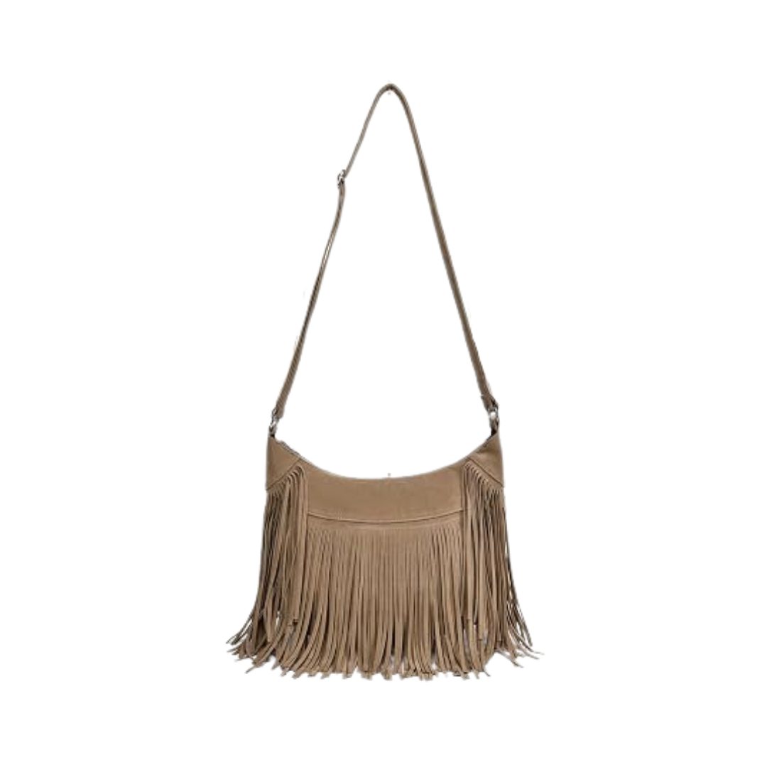 Dora & Liz Tan Faux Suede Tassel Crossbody Purse