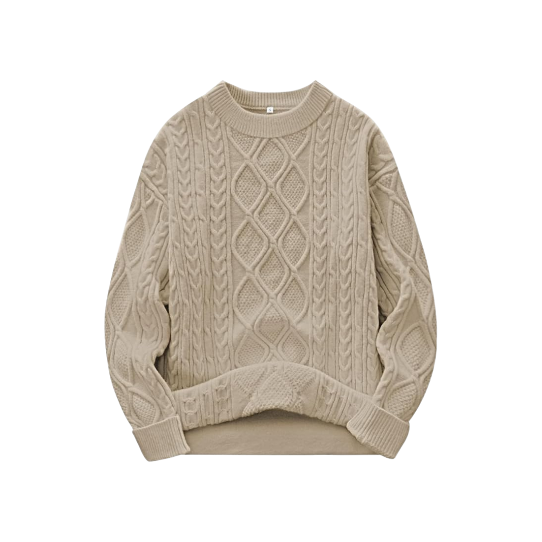 ANRABESS Beige Cableknit Crew Neck Sweater