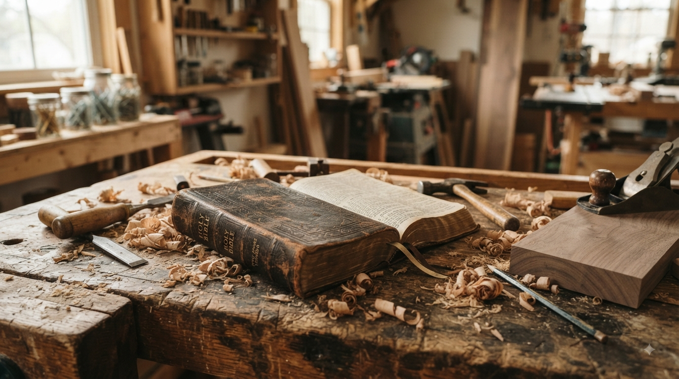 Rustic Leather  Bible on a Carpenters Workbench