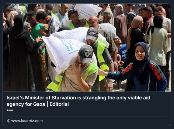 La foto ritrae una scena della distribuzione di aiuti umanitari a Gaza City: un gruppo di persone, alcune con gilet ad alta visibilità, riceve sacchi di farina fortificata dalle Nazioni Unite. Lo scenario è affollato. Testo sovrapposto: critica politica alla gestione israeliana degli aiuti.

Il testo dell'artico recata:
Israel's Minister of Starvation Is Strangling the Only Viable Aid Agency for Gaza | Editorual
 
Crediti: Omar Al-Qattaa/AFP